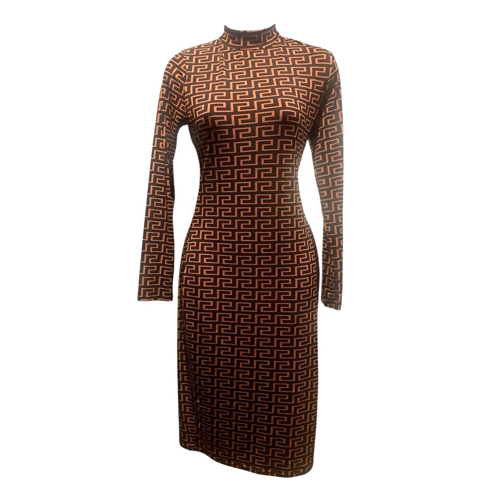 Agaci Dress Juniors L Midi Long Sleeve Brown Black Stretch Mock Neck Bodycon